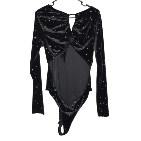 Wild Fable Black Velour Celestial Starry Night Long Sleeve Bodysuit Women's XXL - Picture 3 of 9